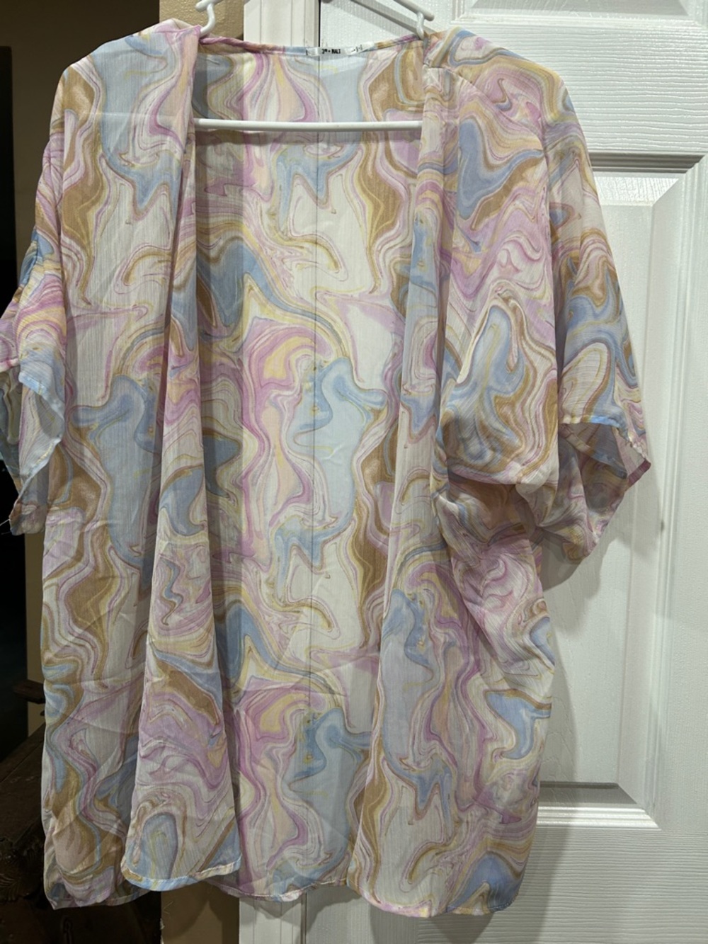 Sheer Marble-Print Kimono Cardigan in Pastel Swirl